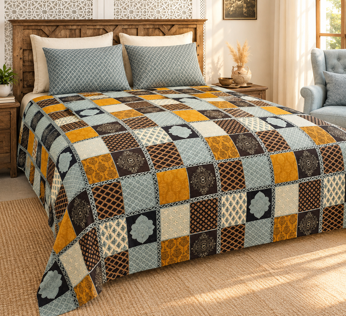 Sudhisutra Bagru Gold King Size Cotton Bedsheet (108x108") with 2 Pillow Covers | Checkered Patchwork | Blue Mustard Black