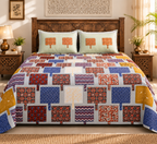 Sudhisutra Bagru Gold King Size Cotton Bedsheet (108x108") with 2 Pillow Covers | Patchwork Print | Grey Multicolor