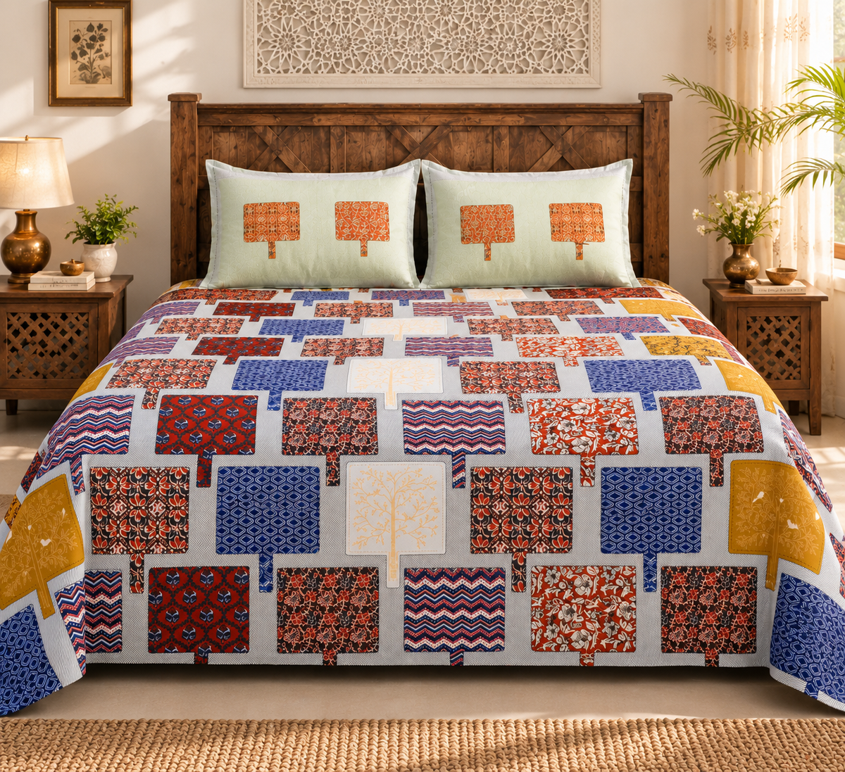 Sudhisutra Bagru Gold King Size Cotton Bedsheet (108x108") with 2 Pillow Covers | Patchwork Print | Grey Multicolor
