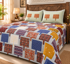 Sudhisutra Bagru Gold King Size Cotton Bedsheet (108x108") with 2 Pillow Covers | Patchwork Print | Grey Multicolor
