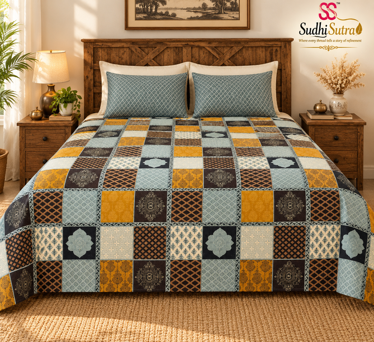 Sudhisutra Bagru Gold King Size Cotton Bedsheet (108x108") with 2 Pillow Covers | Checkered Patchwork | Blue Mustard Black