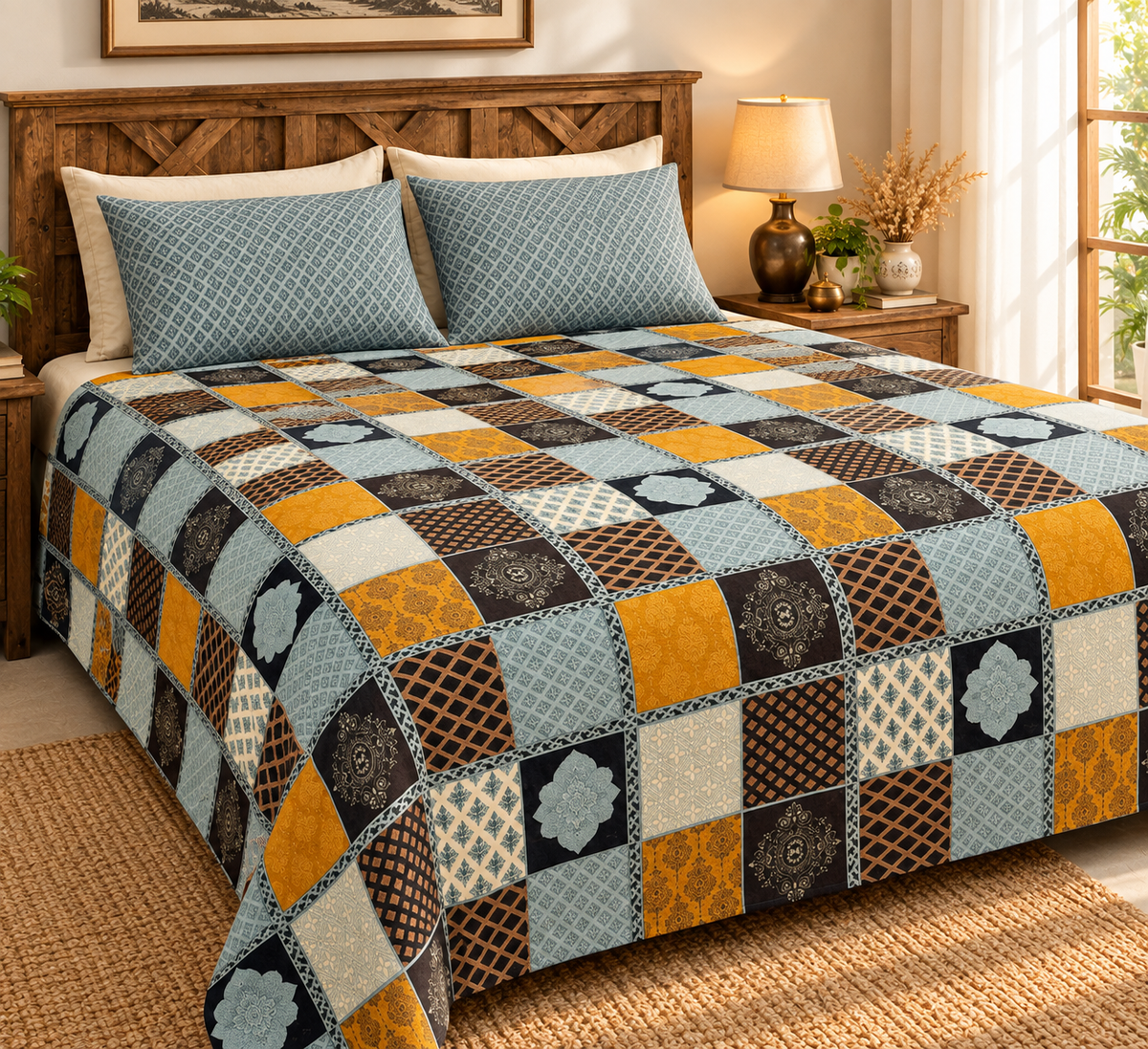 Sudhisutra Bagru Gold King Size Cotton Bedsheet (108x108") with 2 Pillow Covers | Checkered Patchwork | Blue Mustard Black