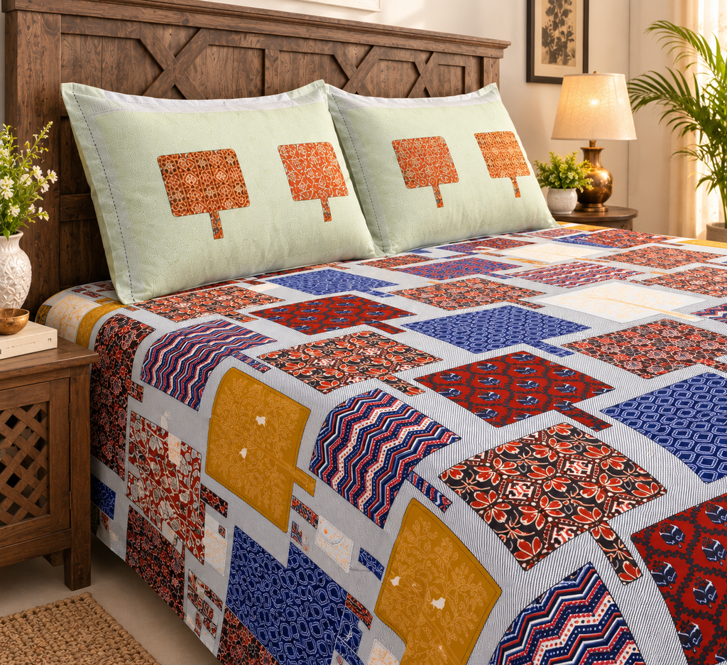 Sudhisutra Bagru Gold King Size Cotton Bedsheet (108x108") with 2 Pillow Covers | Patchwork Print | Grey Multicolor