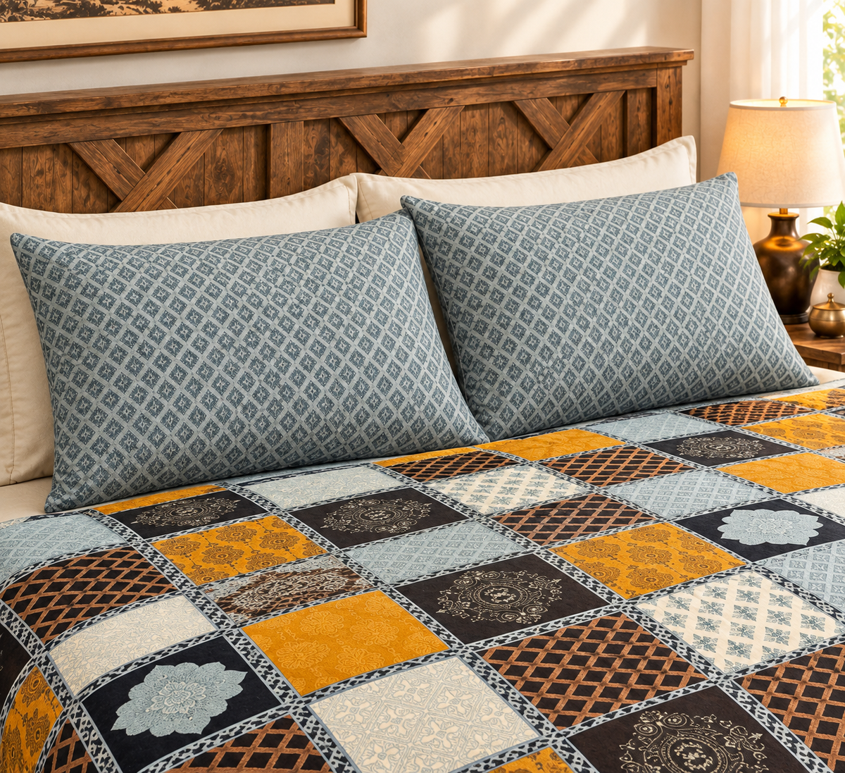 Sudhisutra Bagru Gold King Size Cotton Bedsheet (108x108") with 2 Pillow Covers | Checkered Patchwork | Blue Mustard Black