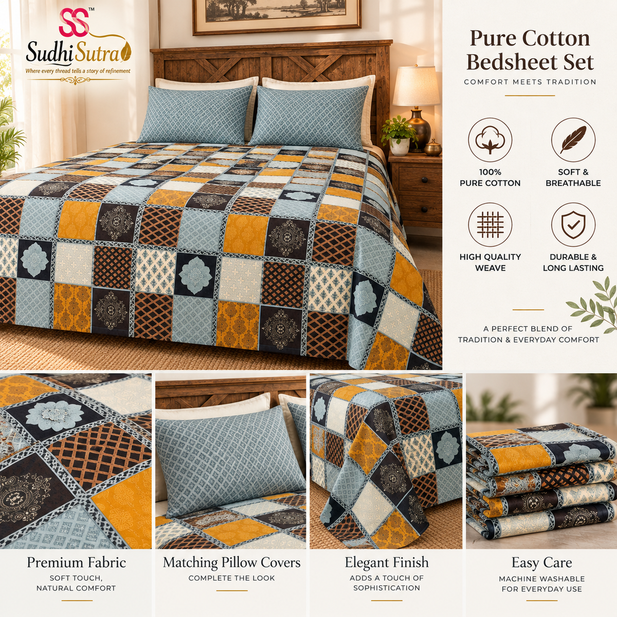 Sudhisutra Bagru Gold King Size Cotton Bedsheet (108x108") with 2 Pillow Covers | Checkered Patchwork | Blue Mustard Black