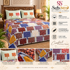 Sudhisutra Bagru Gold King Size Cotton Bedsheet (108x108") with 2 Pillow Covers | Patchwork Print | Grey Multicolor
