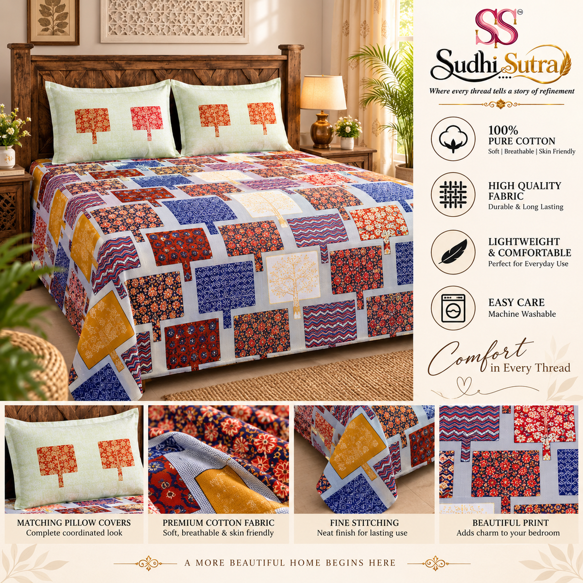 Sudhisutra Bagru Gold King Size Cotton Bedsheet (108x108") with 2 Pillow Covers | Patchwork Print | Grey Multicolor