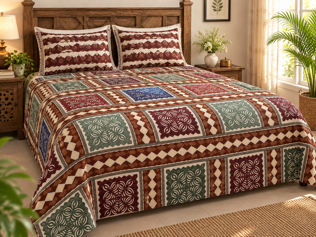 Sudhisutra Bagru Gold Hand Block Print King Size Cotton Bedsheet (108x108") with 2 Pillow Covers | Rajasthani Jaipuri Print