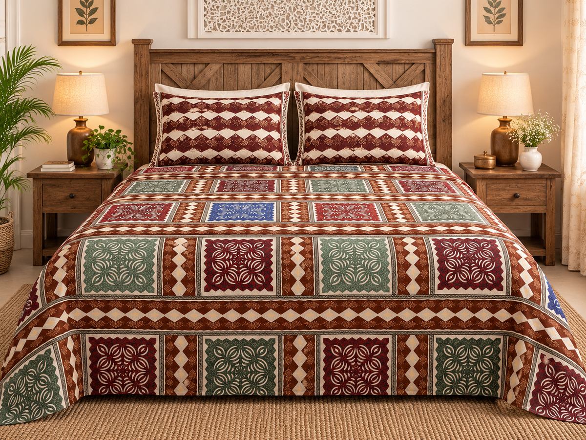 Sudhisutra Bagru Gold Hand Block Print King Size Cotton Bedsheet (108x108") with 2 Pillow Covers | Rajasthani Jaipuri Print