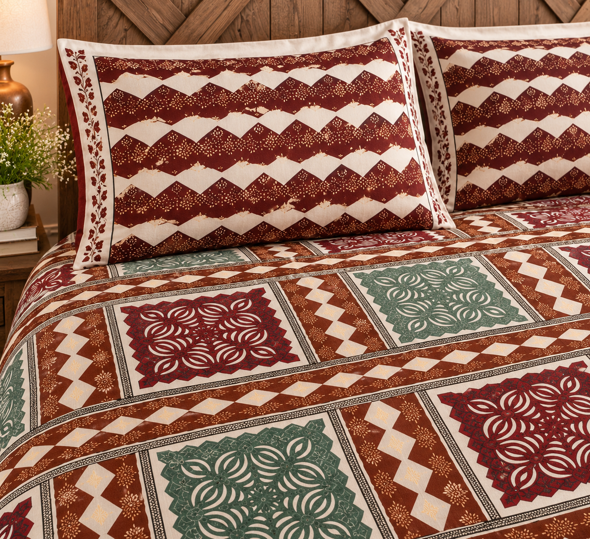 Sudhisutra Bagru Gold Hand Block Print King Size Cotton Bedsheet (108x108") with 2 Pillow Covers | Rajasthani Jaipuri Print