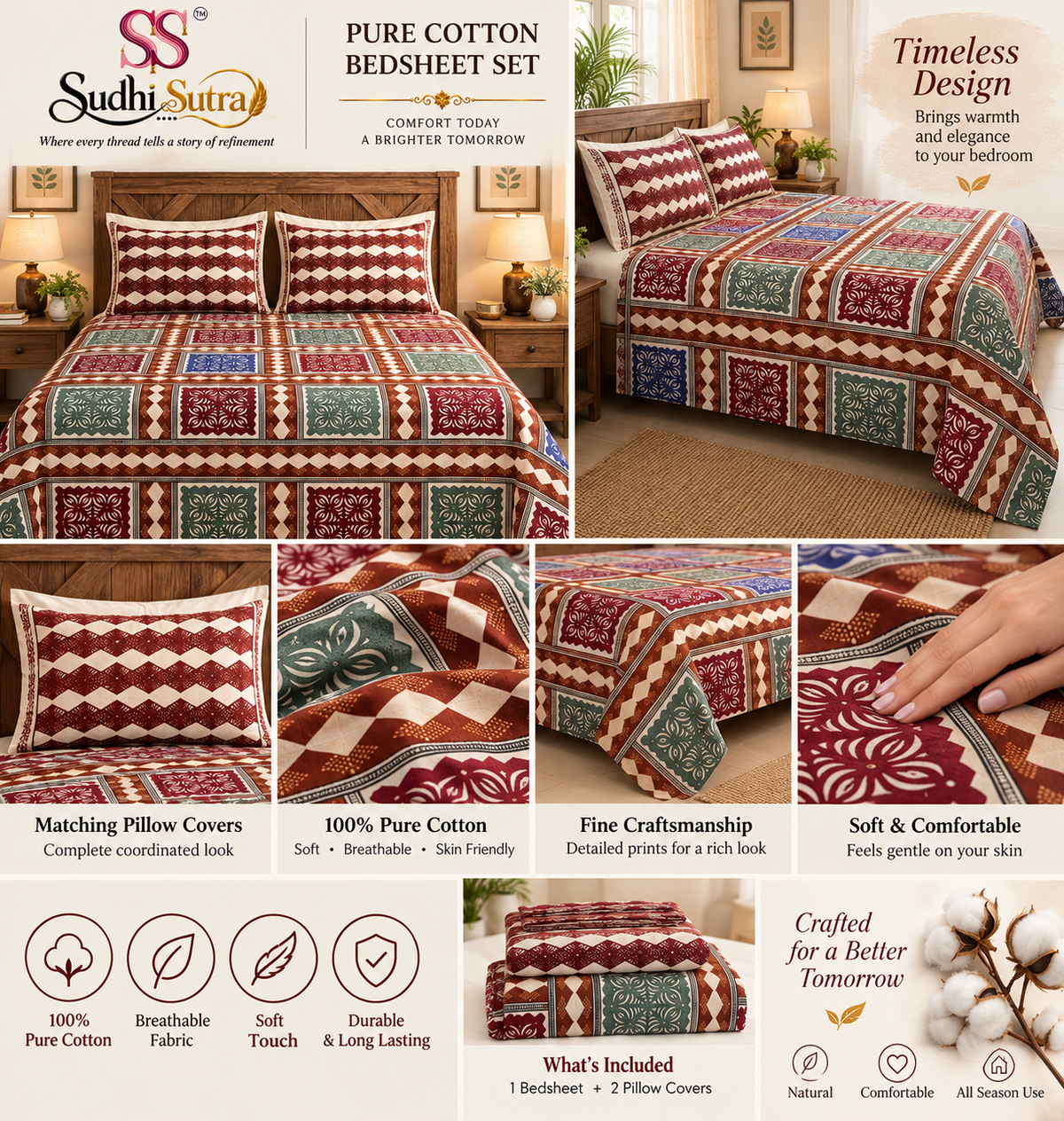 Sudhisutra Bagru Gold Hand Block Print King Size Cotton Bedsheet (108x108") with 2 Pillow Covers | Rajasthani Jaipuri Print