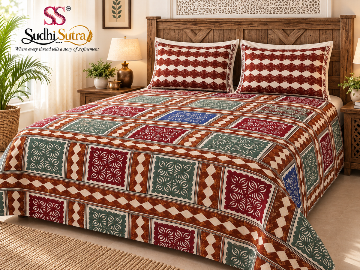 Sudhisutra Bagru Gold Hand Block Print King Size Cotton Bedsheet (108x108") with 2 Pillow Covers | Rajasthani Jaipuri Print