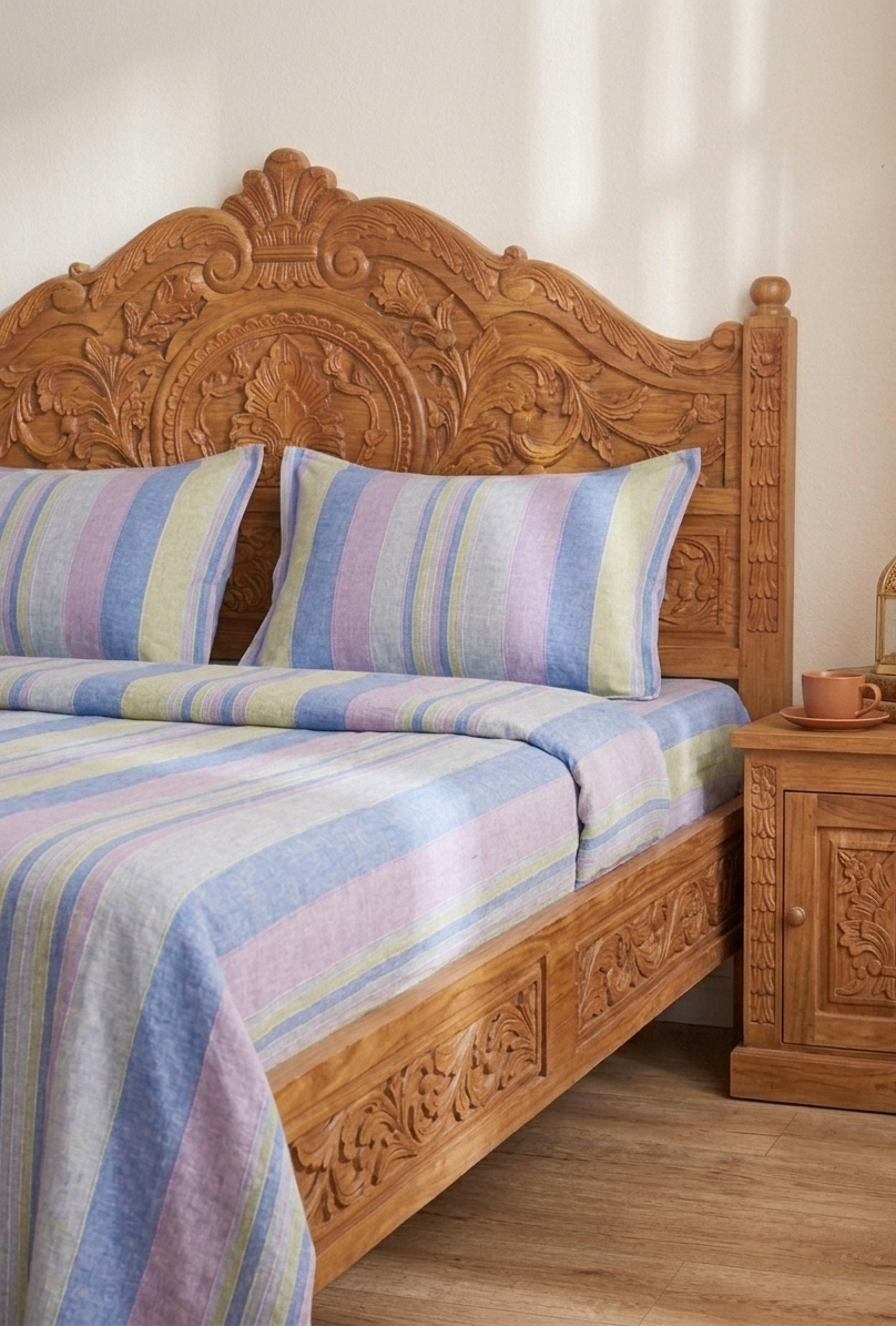 Warm Terracotta Stripe Bedsheet Set — Cotton, Double Bed