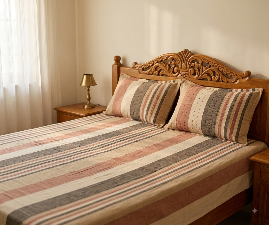 Warm Terracotta Stripe Bedsheet Set — Cotton, Double Bed