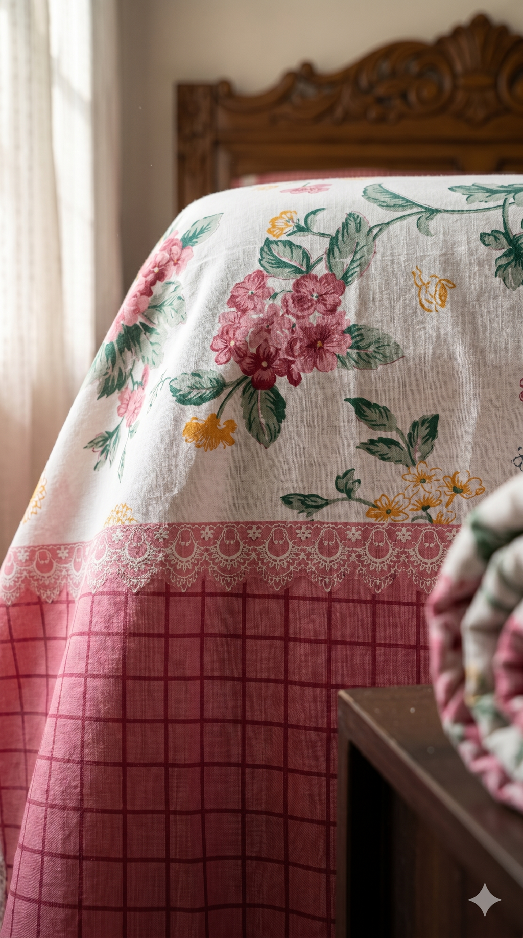 Floral Garden Lace Print Double Bedsheet with 2 Pillow Covers, Pink & White, 100% Cotton, King Size 108x108 Inches, 3-Piece Set