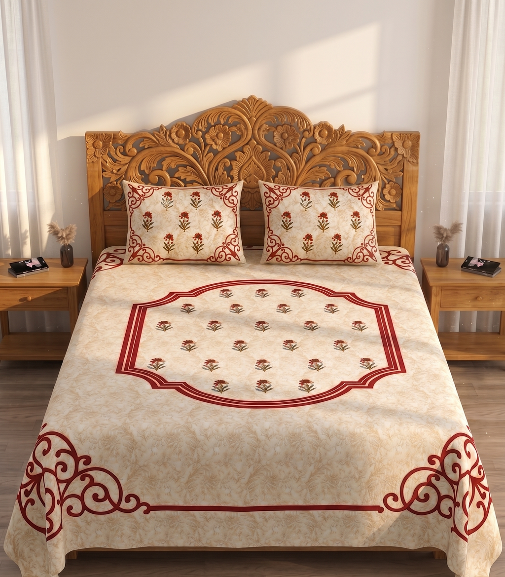 Elegant Beige & Red Traditional Floral Bedsheet