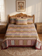 Gold Print Tree of Life, Multicolour Striped King Size Bed Sheet 108x108