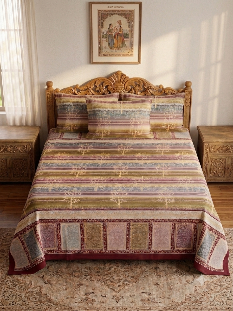 Gold Print Tree of Life, Multicolour Striped King Size Bed Sheet 108x108