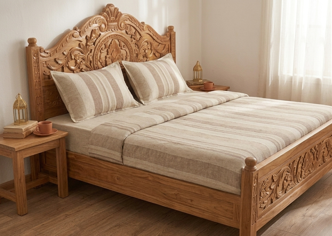 Warm Terracotta Stripe Bedsheet Set — Cotton, Double Bed