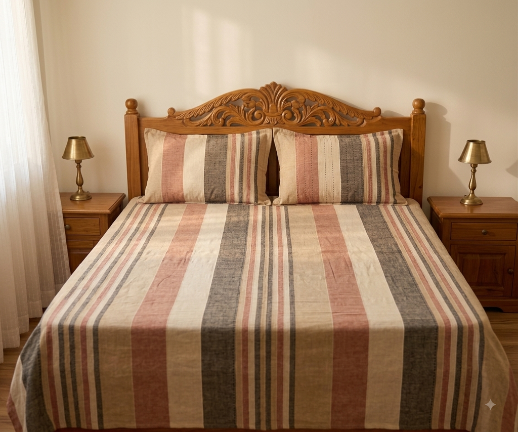 Warm Terracotta Stripe Bedsheet Set — Cotton, Double Bed