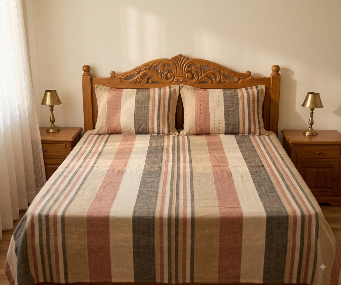 Warm Terracotta Stripe Bedsheet Set — Cotton, Double Bed