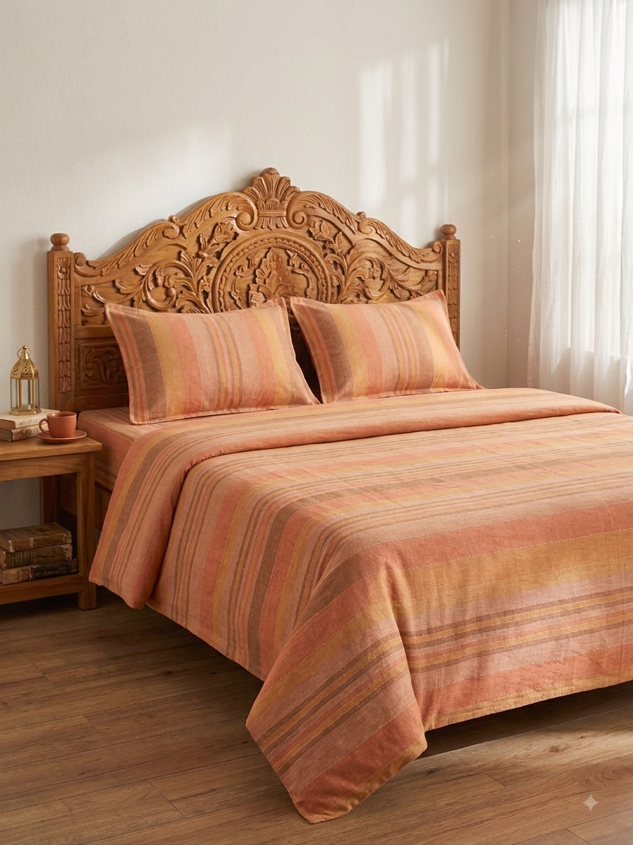 Warm Terracotta Stripe Bedsheet Set — Cotton, Double Bed