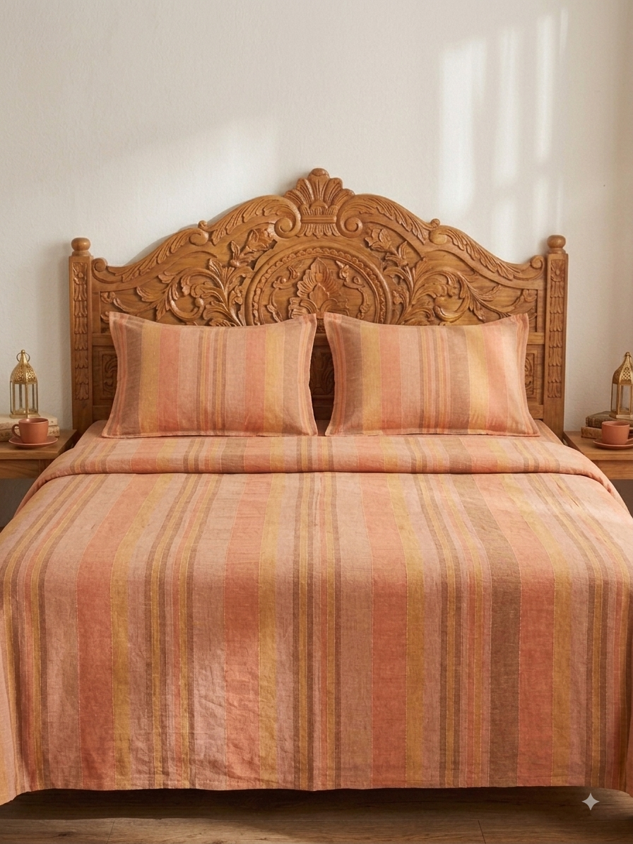 Warm Terracotta Stripe Bedsheet Set — Cotton, Double Bed