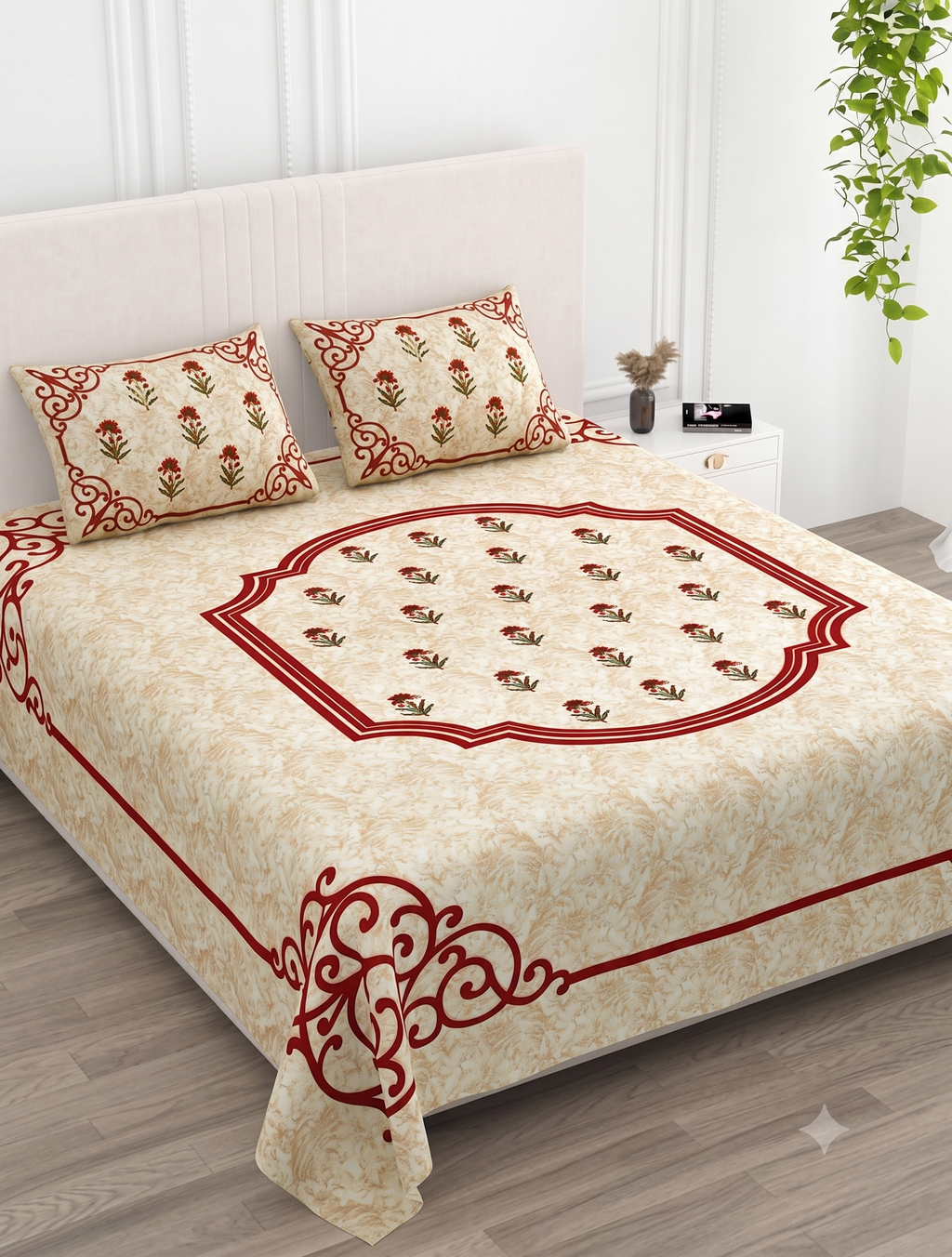 Elegant Beige & Red Traditional Floral Bedsheet