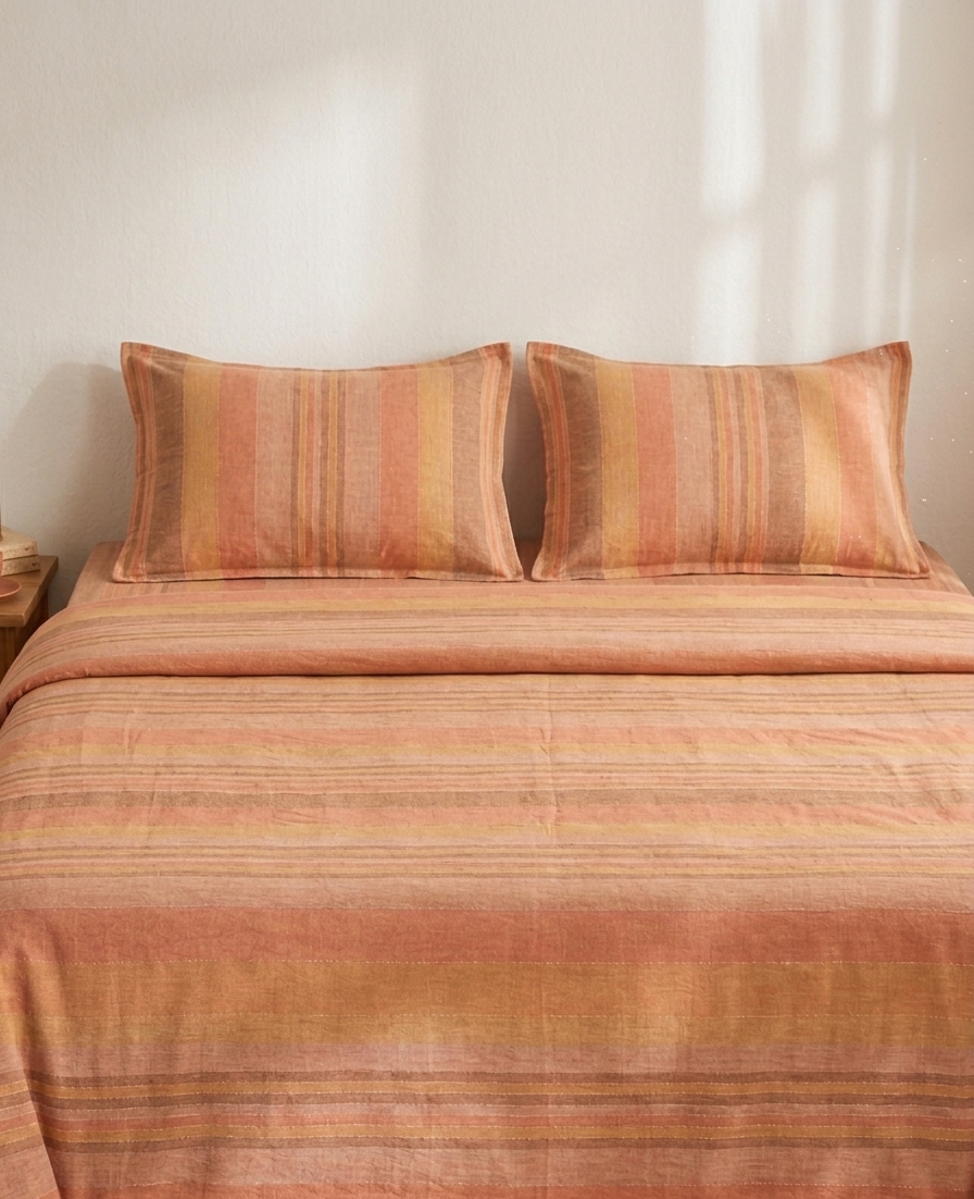 Warm Terracotta Stripe Bedsheet Set — Cotton, Double Bed