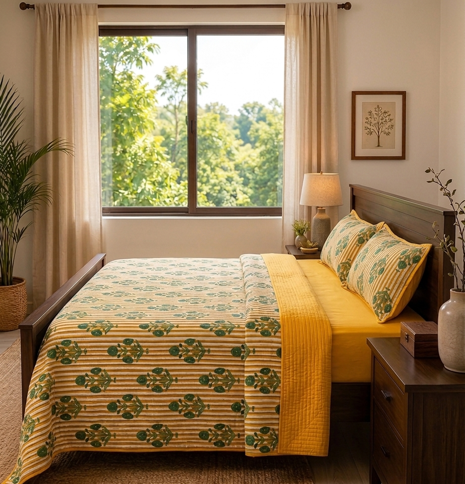 Mustard Green Botanical Quilted Bed Cover