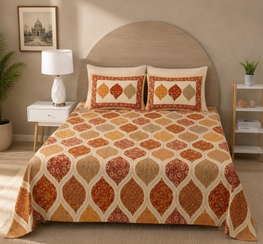 Terracotta & Marigold 100% Cotton Double Bedsheet with 2 Pillow Covers