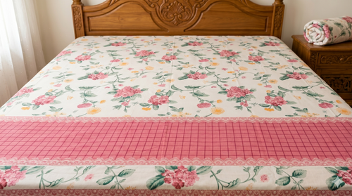 Floral Garden Lace Print Double Bedsheet with 2 Pillow Covers, Pink & White, 100% Cotton, King Size 108x108 Inches, 3-Piece Set