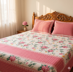 Floral Garden Lace Print Double Bedsheet with 2 Pillow Covers, Pink & White, 100% Cotton, King Size 108x108 Inches, 3-Piece Set