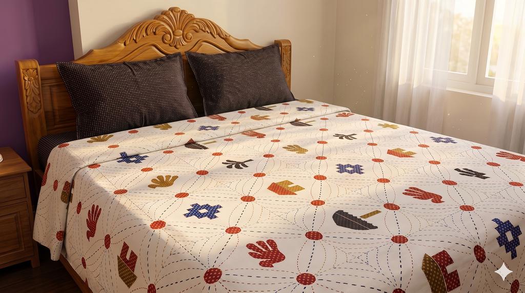 Traditional Handcrafted Geometric & Tribal Motif Patchwork Bedspread for Double/King Bed(108 * 108 inch)