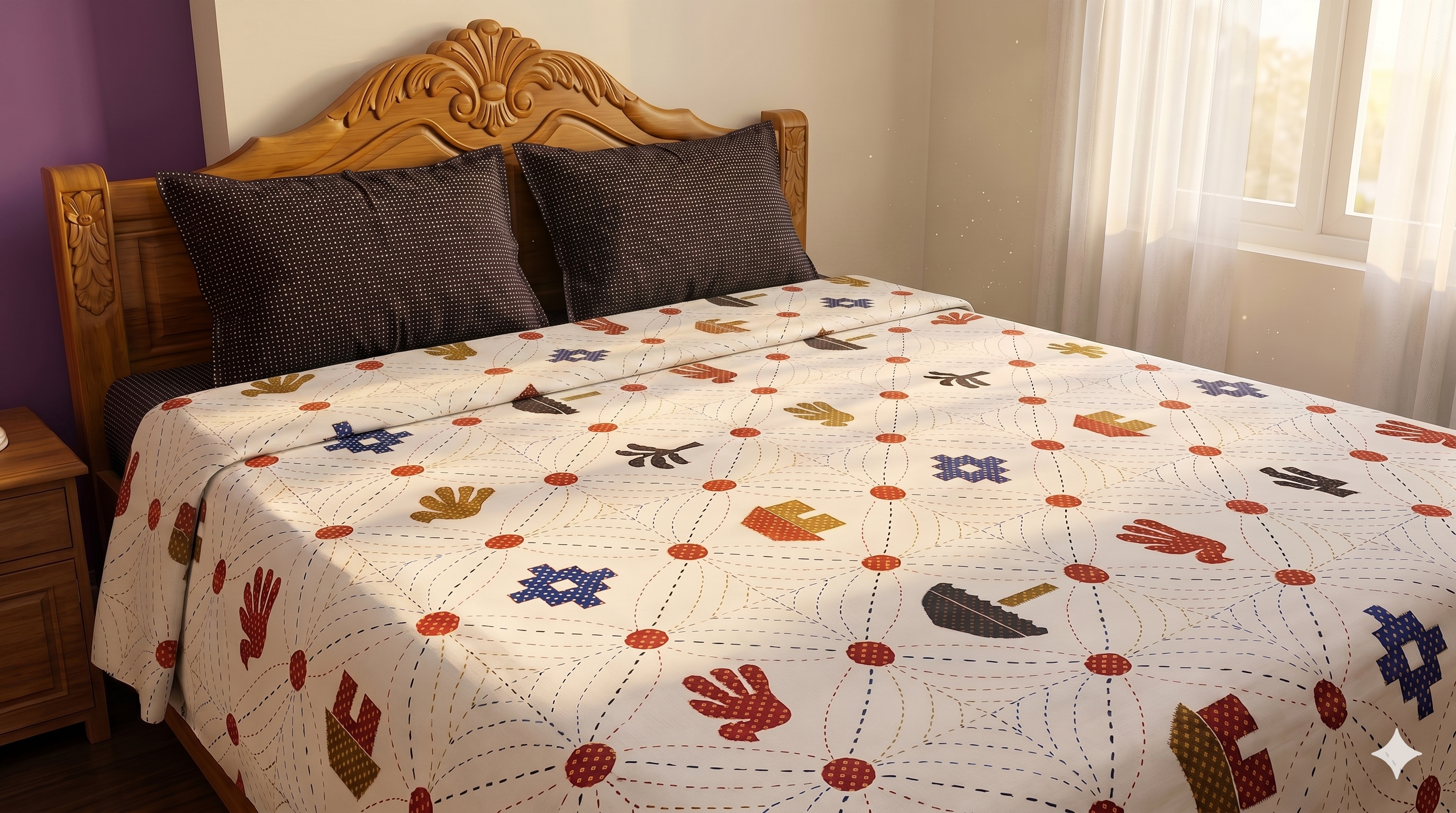 Traditional Handcrafted Geometric & Tribal Motif Patchwork Bedspread for Double/King Bed(108 * 108 inch)