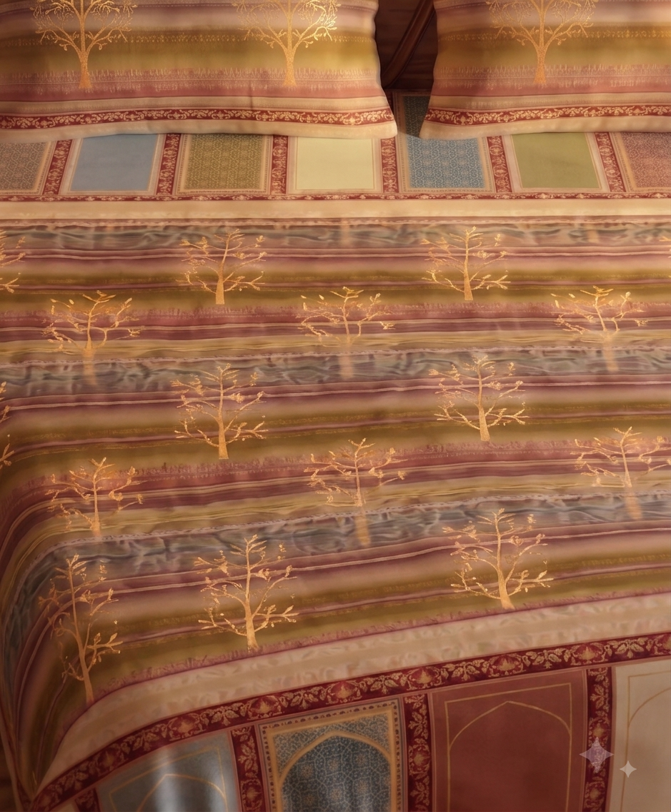 Gold Print Tree of Life, Multicolour Striped King Size Bed Sheet 108x108