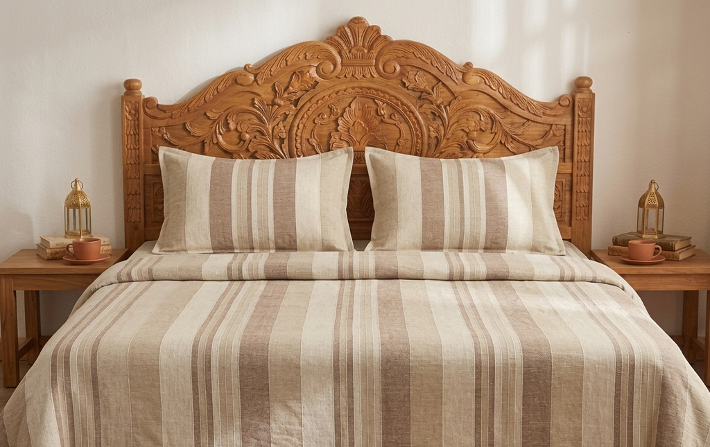 Warm Terracotta Stripe Bedsheet Set — Cotton, Double Bed