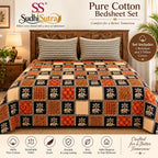 Sudhisutra Bagru Gold King Size Cotton Bedsheet (108x108") with 2 Pillow Covers | Elephant Print | Black Rust Cream