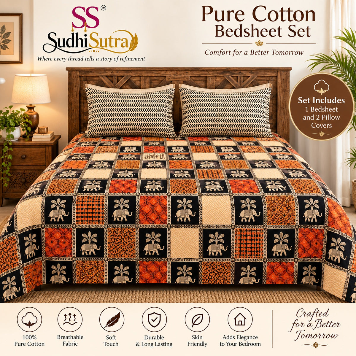 Sudhisutra Bagru Gold King Size Cotton Bedsheet (108x108") with 2 Pillow Covers | Elephant Print | Black Rust Cream