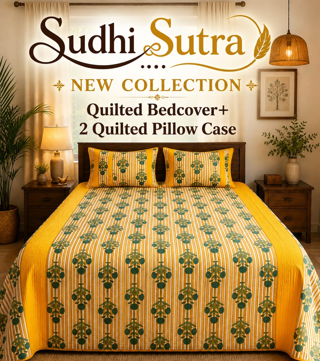 Mustard Green Botanical Quilted Bed Cover