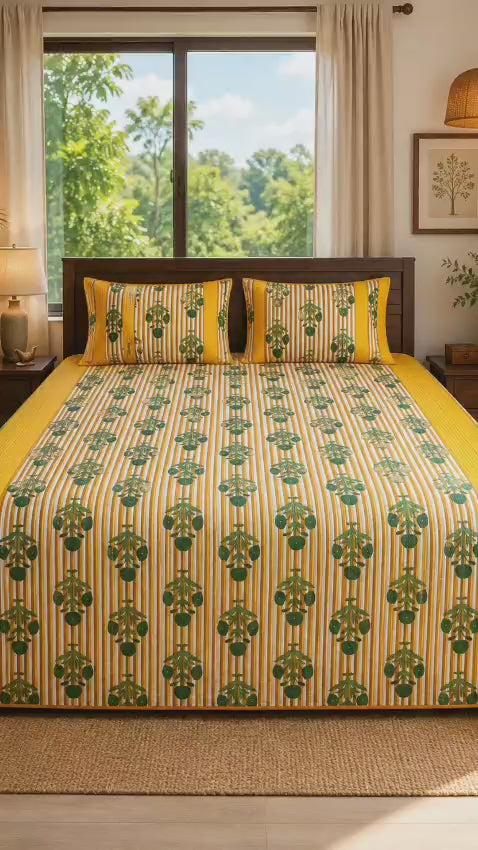 Mustard Green Botanical Quilted Bed Cover