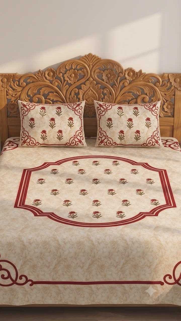 Elegant Beige & Red Traditional Floral Bedsheet