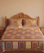 Gold Print Tree of Life, Multicolour Striped King Size Bed Sheet 108x108