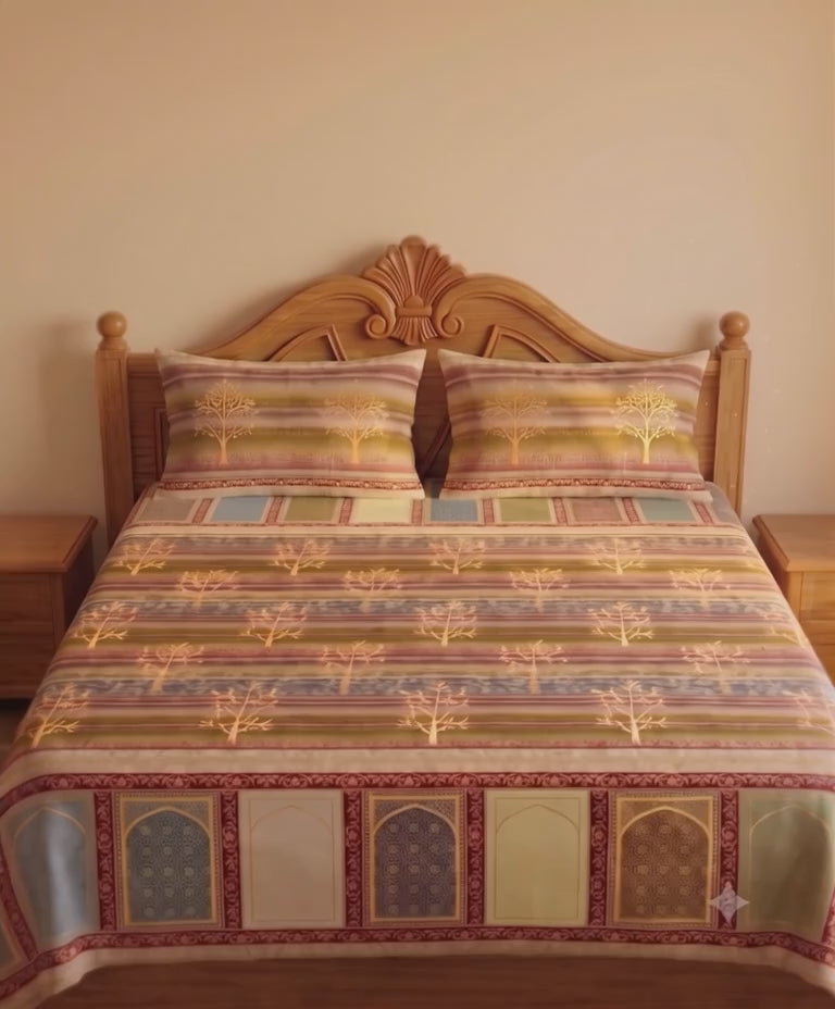 Gold Print Tree of Life, Multicolour Striped King Size Bed Sheet 108x108